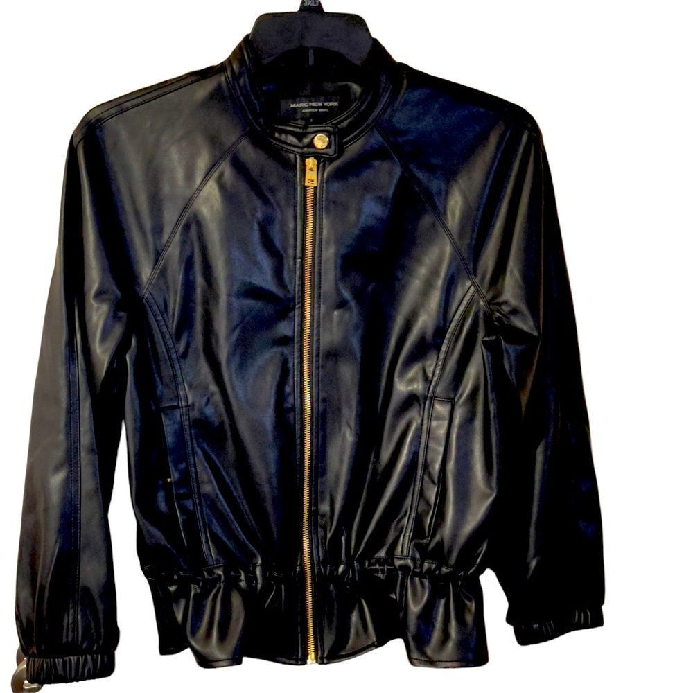 NWT Marc New York Andrew Marc Black Drawstring Faux Leather Jacket Size Small